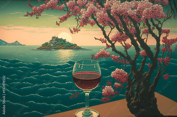Glass cherry wine on wooden table next to pink blossom cherry tree with the view to ocean. Sun ...